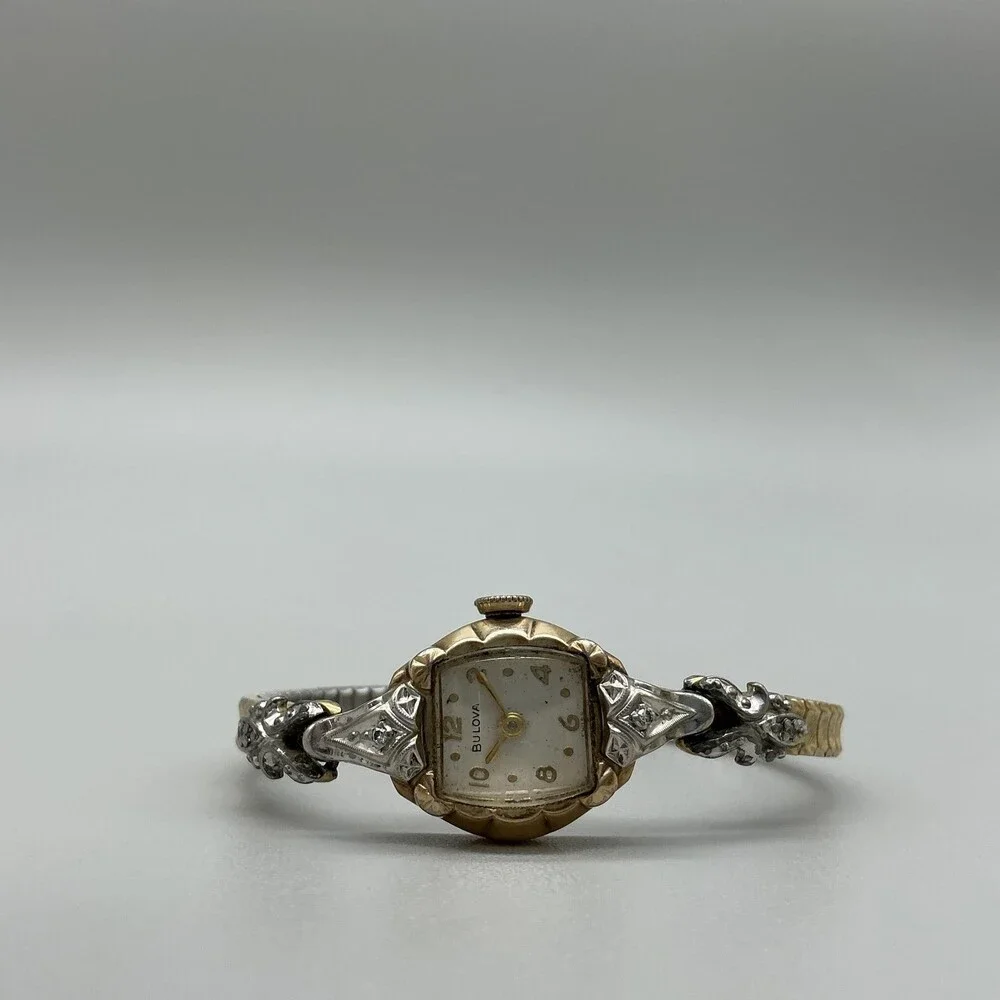 Vintage Bulova Womens Watch 16mm 1958 10K RGP Diamond Stretch Band Manual Wind